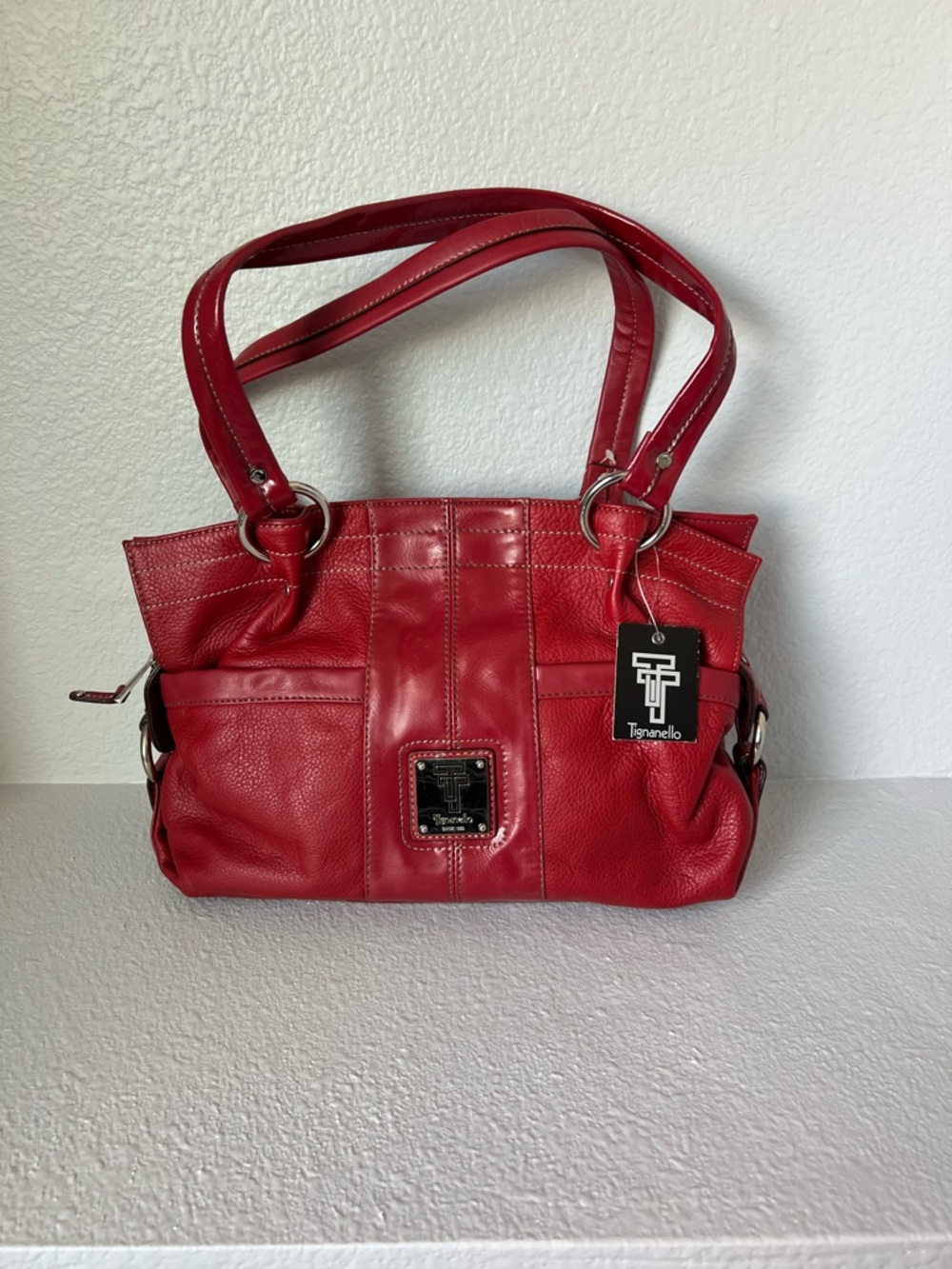 Tignanello Red Leather Double-Handle Shoulder Bag